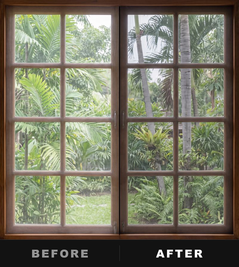 Side-by-side comparison of an old insect screen and Micro Mesh on the same window, with the garden clearly sharper through Micro Mesh
